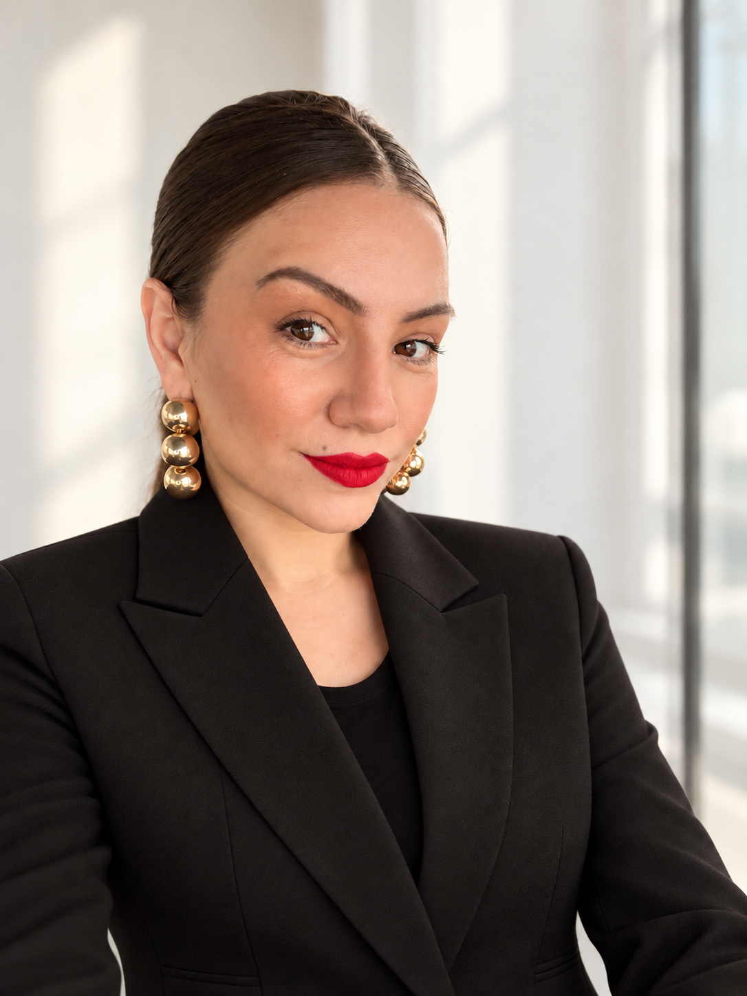 Aline Iuskow, fundadora da IUSKOW Beauty, em retrato com blazer preto