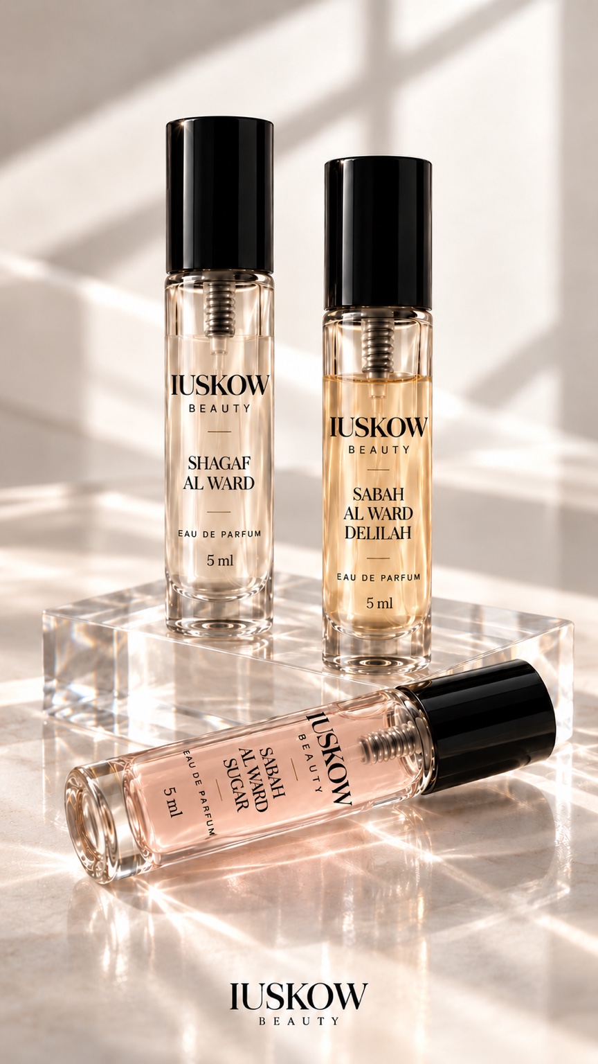 Sugar, Delilah e Shagaf Al Ward em decants IUSKOW Beauty de 5 ml, transparentes e com tampas pretas, sobre vidro espelhado