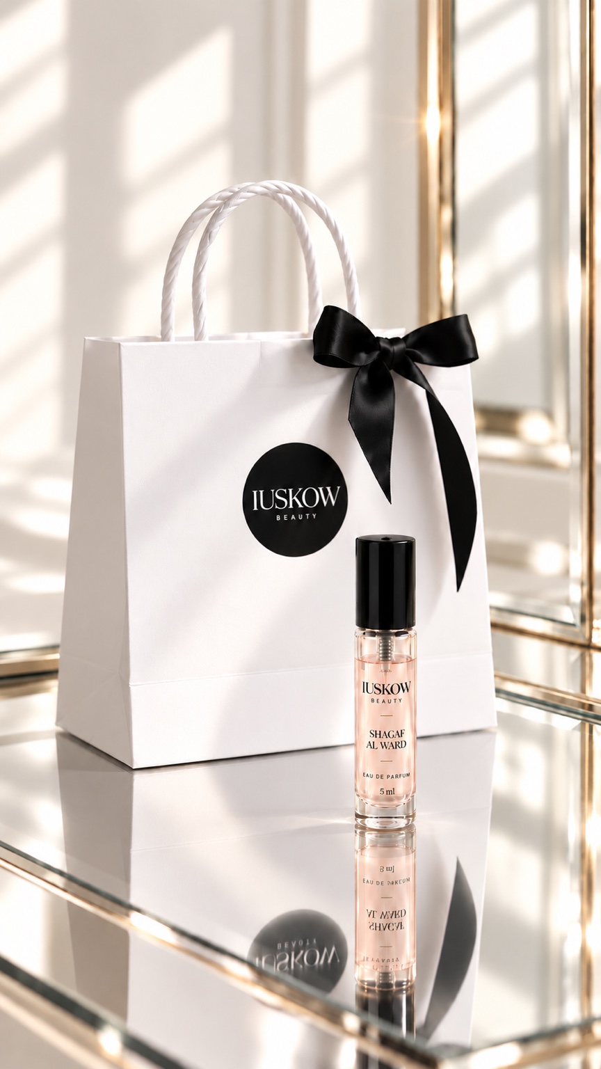 Sacolinha branca IUSKOW Beauty com laço preto e decant transparente de tampa preta sobre superfície espelhada